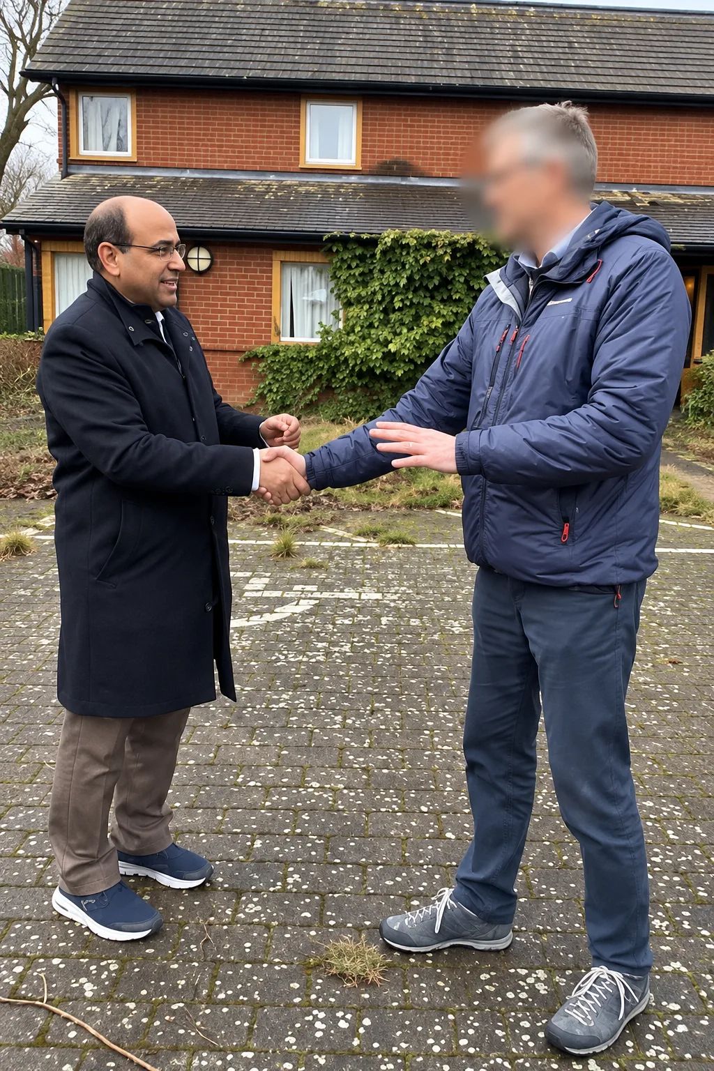 Shaking hands outside the building on the day it was bought